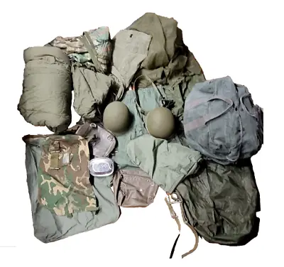 Military Surplus LOT Sleeping Bag Pilot Helmet USMC Army Belts Mess Kit Laundry • $249.99