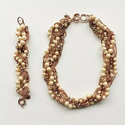 J.Crew Pearl & Mixed Metal Statement Necklace Bracelet Set In Rose Gold Vintage • $89.99