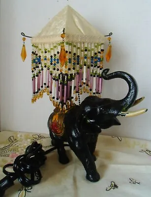 Antique 20th Century Elephant Lamp W/Cloth & Beaded Shade • $332