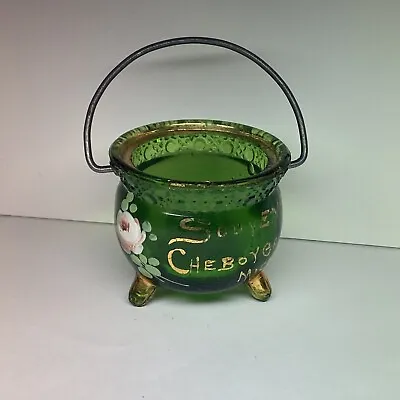 Old Advertising Souvenir Green Glass Kettle Enamel Cheboygan MI Michigan Mich • $16