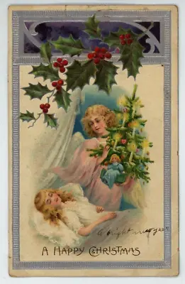 1908 Happy Christmas Angel Tree Embossed Antique Postcard Holly Deco Miniature • $9.71