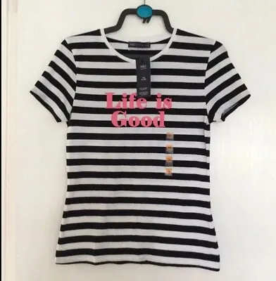 BNWT M&S Black Stripe Stretch Cotton 'Life Is Good' T Shirt UK10 FRESH COTTON • £5