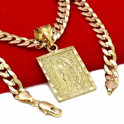 Mens 18k Gold Plated Brass Guadalupe Pendant 6mm 24  Cuban Chain • $18.99