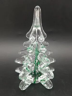 Vintage Clear Art Glass Christmas Tree W/Green Ribbon Running In The Center • $22