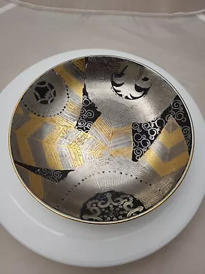 Macau Hand Painted Porcelain Bowl 7 1/2  Black Gold & Silver Metallic Design • $32