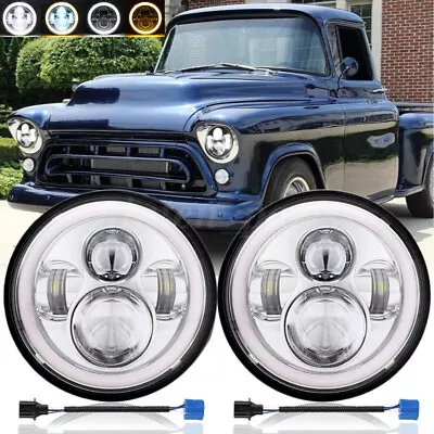 Pair 7  Inch Round LED Headlights Hi/Lo Beam DRL Chrome For Chevy C10 C20 C30 • $39.99