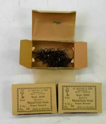 Vintage NOS Mustad Key Brand Treble Hooks Lot Of 3 No 10 1/4 Gr Ringed Bronzed • $10.65
