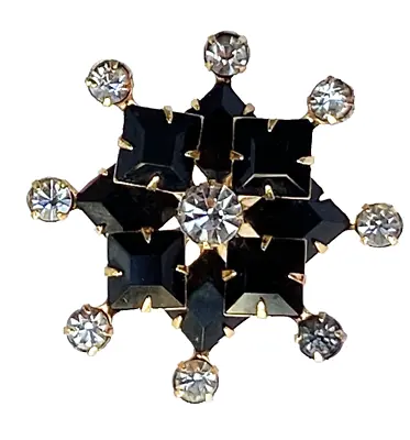 Vintage Square Black Glass & Rhinestone Layered Flower Star Gold Tone Brooch Pin • $5