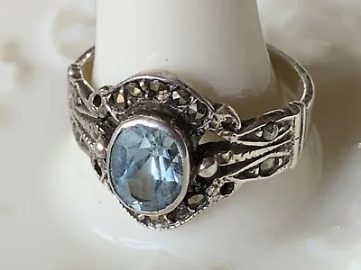 Faceted Aquamarine Marcasite Ring Sterling Silver Oval Sz 6 Light Blue Estate   • $44.95