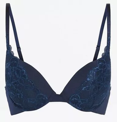 New Ex Store Underwired Lace Padded Push Up Bra Navy • £6.99