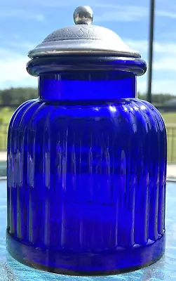 Vintage Cobalt Blue Ribbed Glass Apothecary Jar Canister With Floral Pewter Lid • $37.95