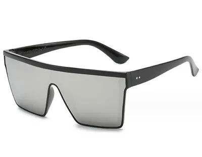 Large Shield Sunglasses Flat Top Rimless Black Frame Silver Mirror Single Lens • $14.99