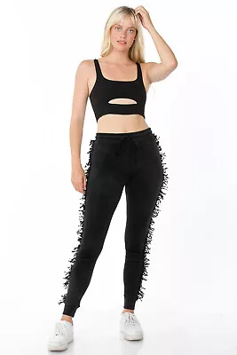 High Rose Soft Plush Velvet Leggings FRINGE Along Side - 9076 • $13.59