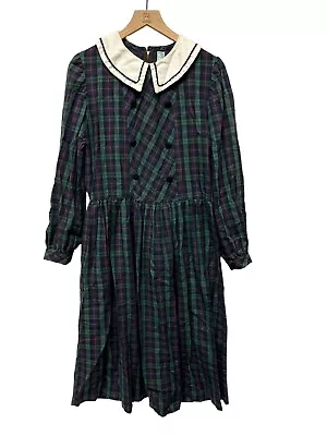 Vintage 80s 90s Prairie Dress Plaid Cottagecore Peter Pan Collar Cottontail LRG • $36