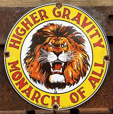 Vintage 1934 Dated Higher Gravity Monarch Of All Lion 10” Porcelain Gas Oil Sign • $9.99