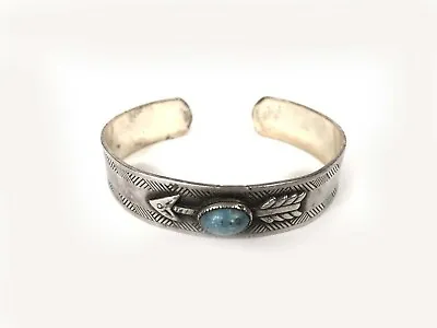 Southwestern Blue Confetti Glass Sterling Silver Cuff W Arrow Vintage Bracelet • $67.50