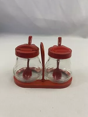 Vintage Condiment Caddy Clear Glass With Lids + Metal Holder -JAPAN - NOS • $10.93