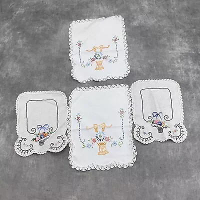 Vintage Doilies Set Of 4 Hand Embroidered Floral Basket Lace Trim Linens VTG • $14.97