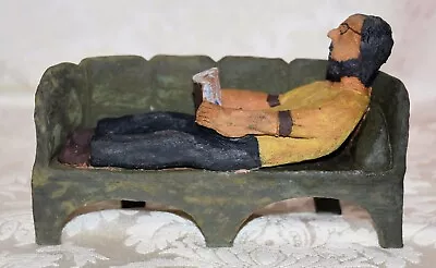 T10e. Vintage Folk Art  Man Reading On Couch  Clay Fired Sculpture By Salsman • $85