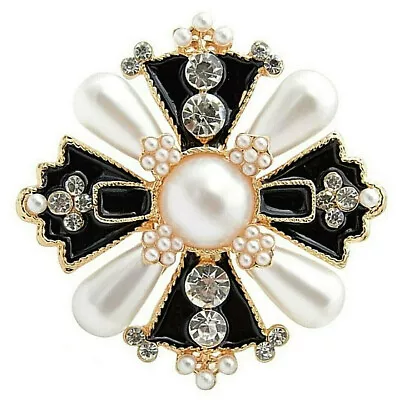 Elegant MALTESE Cross Black PEARL Enamel Rhinestone Golden Inspired Brooch • $18.99