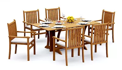 7-Pc Outdoor Teak Dining Set: 69  Console Foldable Table 6 Stacking Arm Chairs • $2616.25