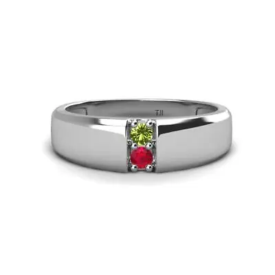Round Peridot And Ruby 0.22 Ctw High Polished 2 Stone Men Wedding Band JP:294264 • £1340.48