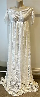 Lace Maternity Wedding Dress -Size L Bump Shoot Maxi Tail Long Gown Off Shoulder • £30