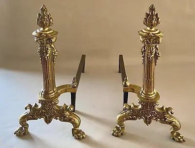 Vintage Pair Of Solid Brass French Empire Ornate Andirons • $375