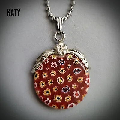 Red Daisy Flower Glass Lampwork Millefiori Pendant Silver Necklace Gift For Her  • £5.20