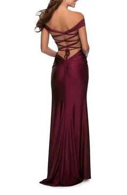 La Femme Dark Berry Burgundy Off The Shoulder Satin Trumpet Gown Size 4 $348 • $99.98