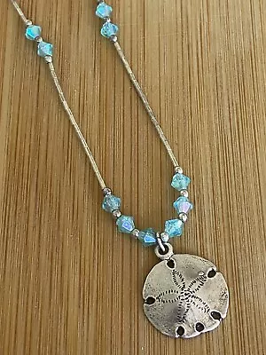 Vintage Sterling Silver Sand Dollar Appearance Necklace 16” W/ Blue Glass Beads • $20