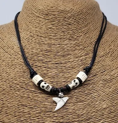 Fossil Shark Tooth Pendant Surfer Necklace For Men | Wood Beads • $14.95