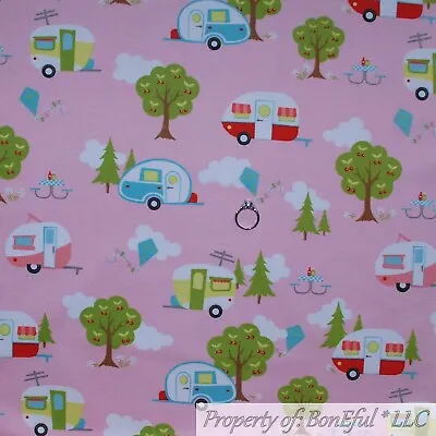 BonEful Fabric FQ Cotton Flannel Quilt Pink Retro Old Camper Trailer VTG Antique • £12.05