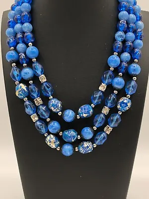 Vintage Coro Blue Beaded Three Strand Necklace With A Silver Tone Clasp Hook • $20