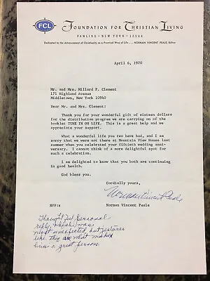 Norman Vincent Peale - Typed Letter Signed 04/06/1970 • $150