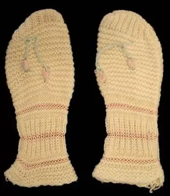 Vintage Childs Mittens Hand Knit Ivory Mittens 1930S Rosebud Applique Doll • $30.49