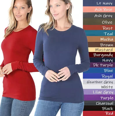 (Zenana) Basic Plain Solid Long Sleeve T Shirt Round Neck Stretch Cotton Tee • $9.99