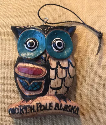 $9.99 • Buy North Pole Alaska Birch Wooded Owl Totem Tribal Carving Painted Native Ornament