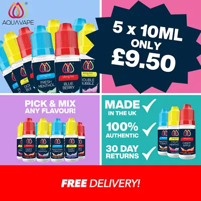 Aqua Vape E Liquid | 5 X 10ml Bottles | Premium UK Vape Juice | E Cig | 50/50 • £9.50