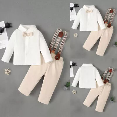 Baby Boys Gentleman Long Sleeve 2PCS Shirts Dungarees Outfit Set Button Overalls • £2.99