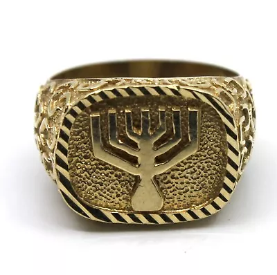 Men's Signet Square Jewish Menorah Ring In 14K Solid Yellow Gold Sz 11 • $939.99