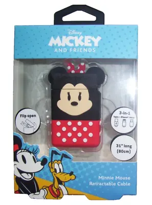 Disney Minnie Mouse 3 In 1 Retractable Micro Usb Type C Charging Cable New Boxed • £5.99
