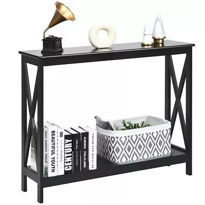 2-Tier Console Table X-design Wooden Hall Desk Side End Table W/ Shelf • £49.95