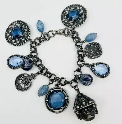 Vintage Etruscan Egyptian Revival 13 Charm Bracelet Cross Faceted Blue Crystal • $45.01