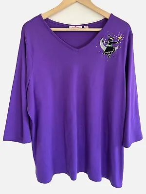 Quacker Factory Top Size 1x Halloween Witch Applique Rhinestones Purple V-Neck * • $35.99