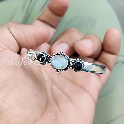 Moonstone Black Onyx Gemstone 925 Sterling Silver Simple Design Bangle Cuff • $20.99