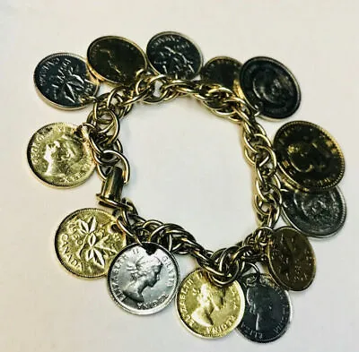 Vintage Coins Link Bracelet 40’s - 50’s Canada & Mexico Small 5.5” Long • $35