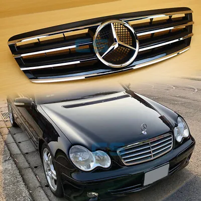 Chrome + Gloss Black Front Kidney Grill 4 FINS 01-07 For Mercedes-Benz W203 • $142.40
