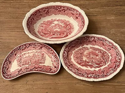 Lot (3) Vintage Mason's Vista Red Pink Oval Bowl Plate & Crescent Rib Plate • $35