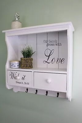 White Wooden Shabby Chic Kitchen Hallway Wall Shelf Storage Drawers Hanging Hook • £53.91